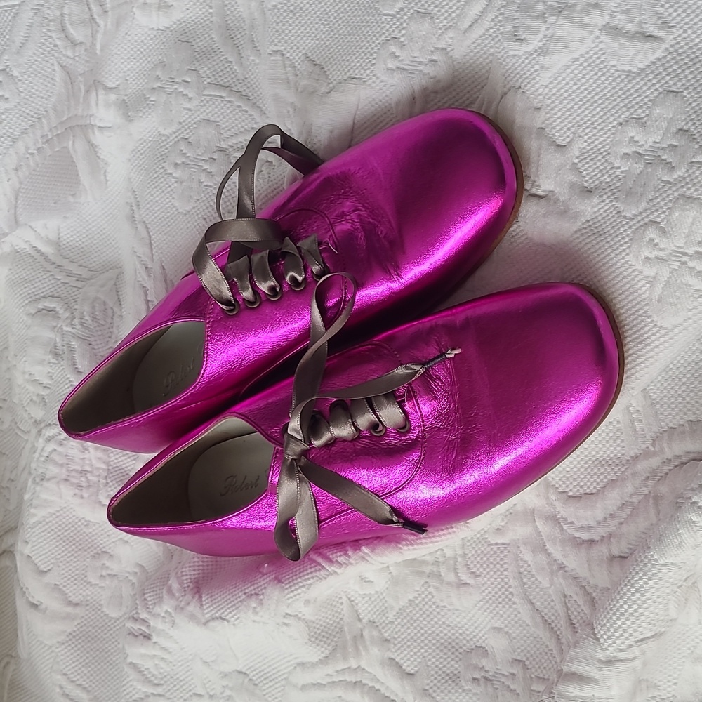 Robert Clergerie POPEE Lace Up Orchid Chrome Foil Calf Leather Oxfords unworn